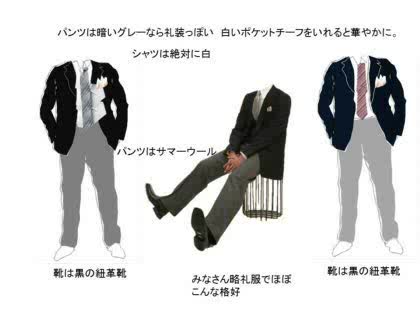 黒ジャケがあるのなら、白シャツにシルバーグレーのタイ。明るいグレーのウールパンツ。黒い靴紺ジャケでもほぼ同様。